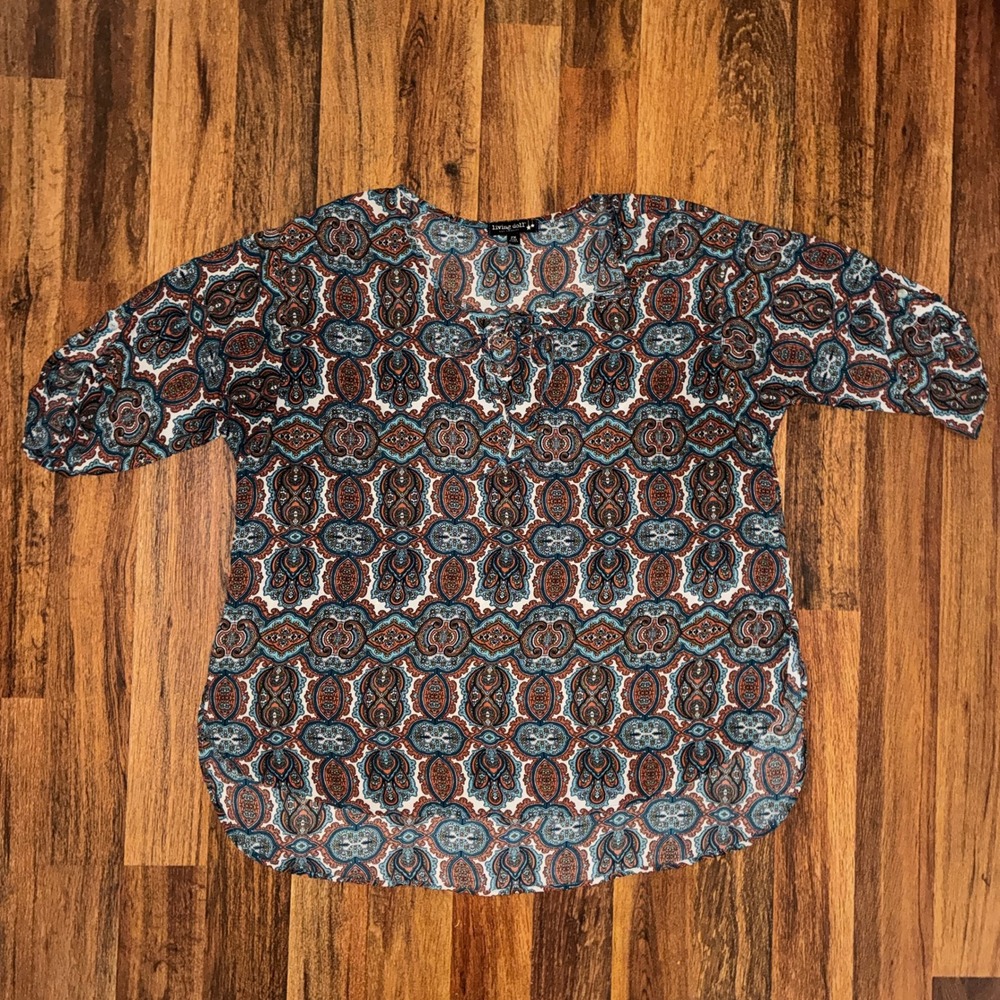 Living Doll Los Angeles Women 2X Paisley Blouse Teal Rust Boho Tie Neck Top